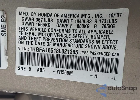 2008 Honda Civic Lx from USA, damaged, VIN 1HGFA16518L021385